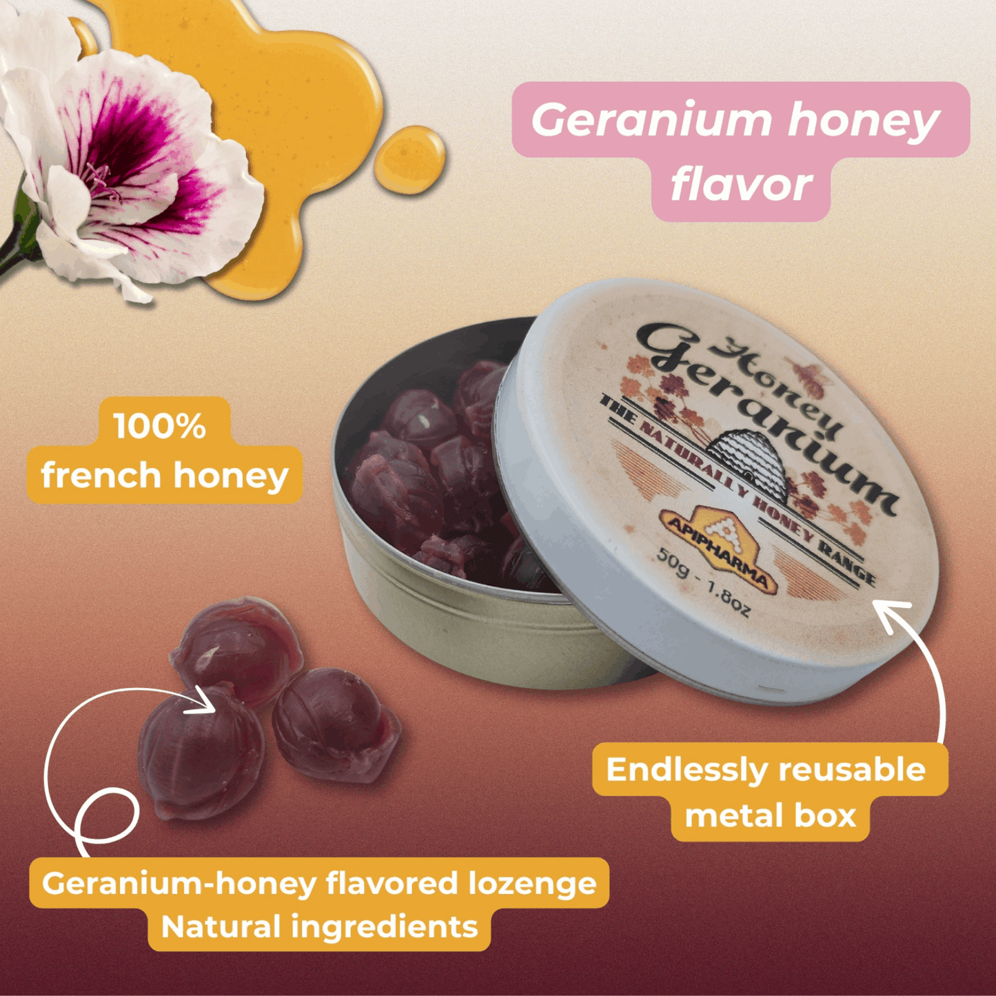 Honey Geranium - French Gourmet Natural Candy Tin - Apipharma - Bonbon USA France