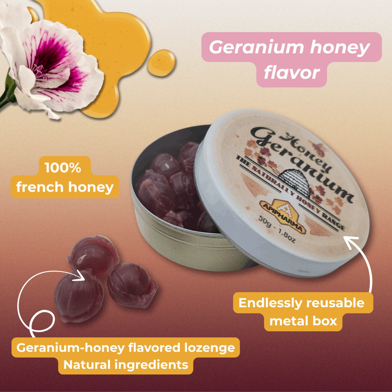 Honey Geranium - French Gourmet Natural Candy Tin - Apipharma - Bonbon USA France