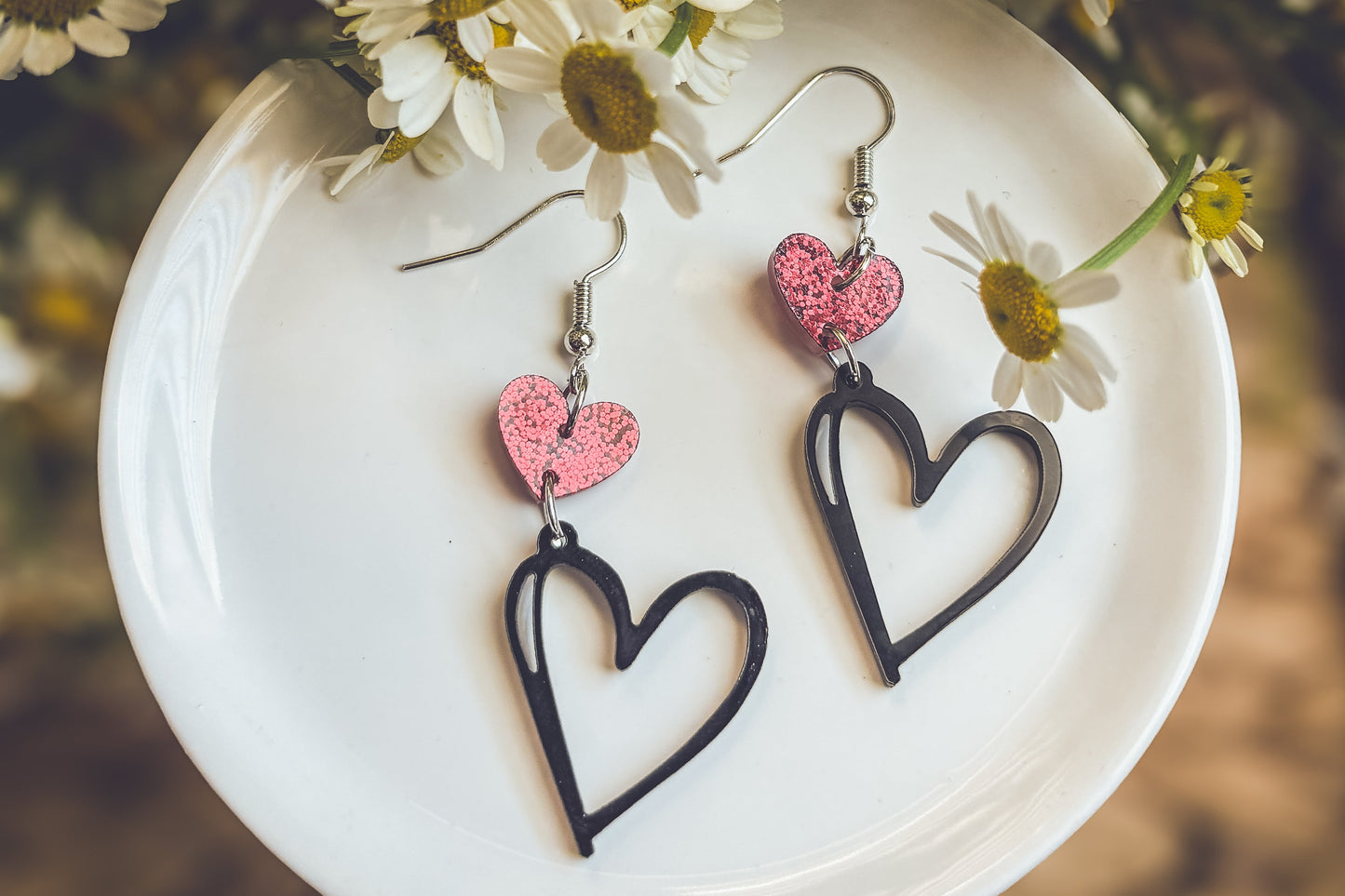 Adorable Black and Red Heart Drop Earrings