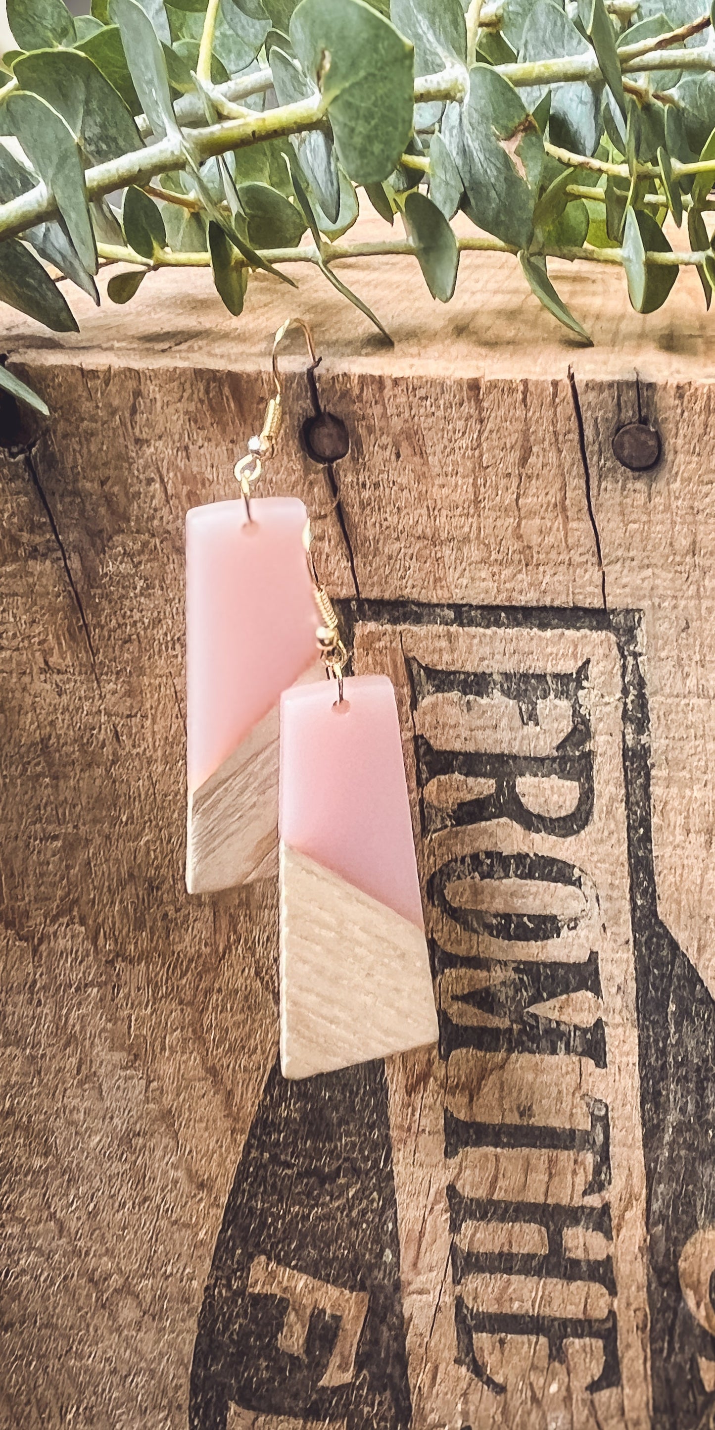 Beautiful Pink Resin and Wood Earrings