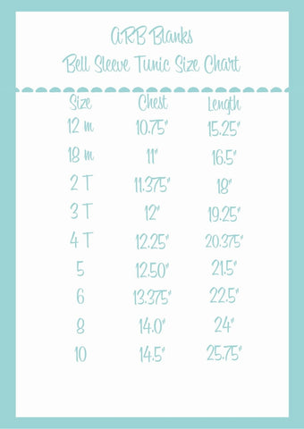 Teal-bordered size chart for girls bell sleeve tunics Arb Blanks tunic