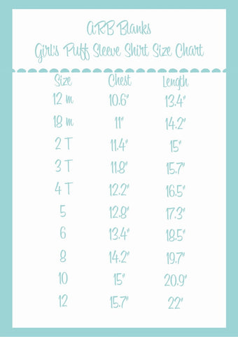 Girls short sleeve puff shirts teal size chart 12m-12y inches