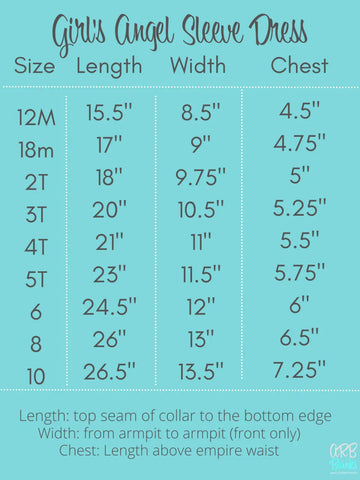 Girls angel sleeve empire waist dress with size chart by age