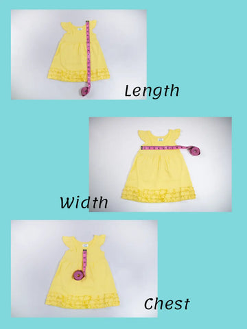 Back view of girls angel sleeve empire waist dress in yellow with ruffled hem and pink tape