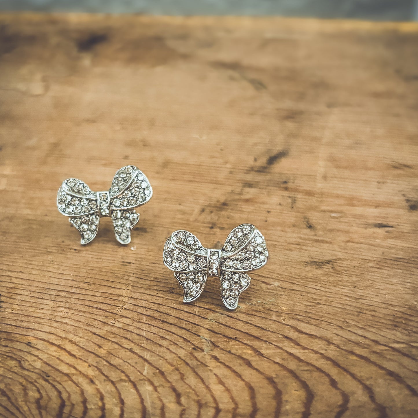 Adorable Silver Rhinestone Bow Earrings