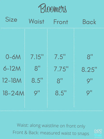 Teal bloomers size chart for infants toddlers Honeybee Vintage Alton inches