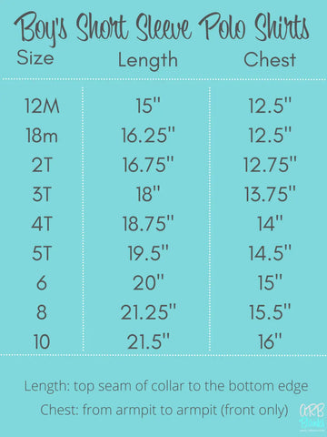 Teal chart of boys short sleeve polo shirts sizing measurements