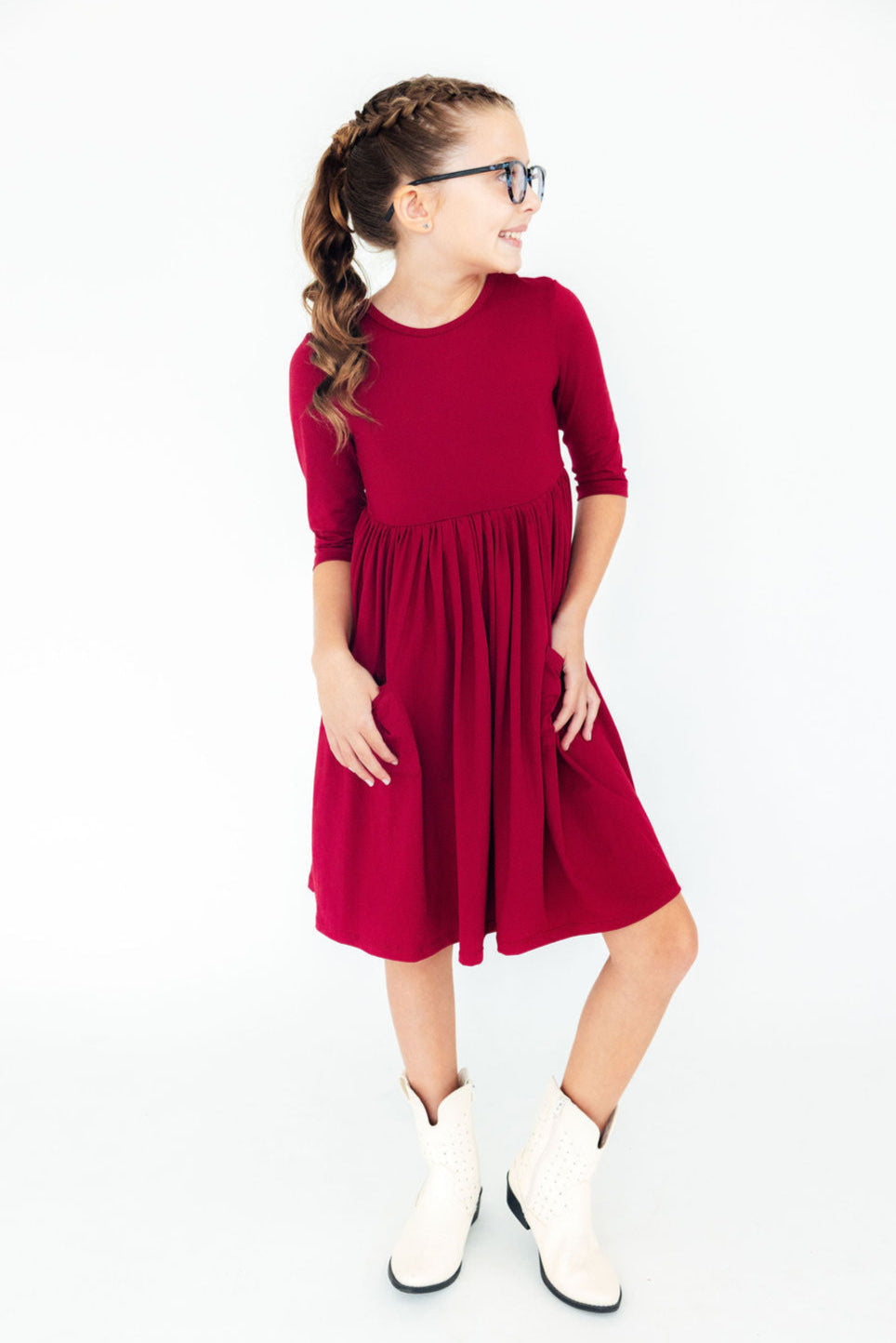 Burgundy 3/4 Sleeve Pocket Twirl Dress - Mila & Rose ®
