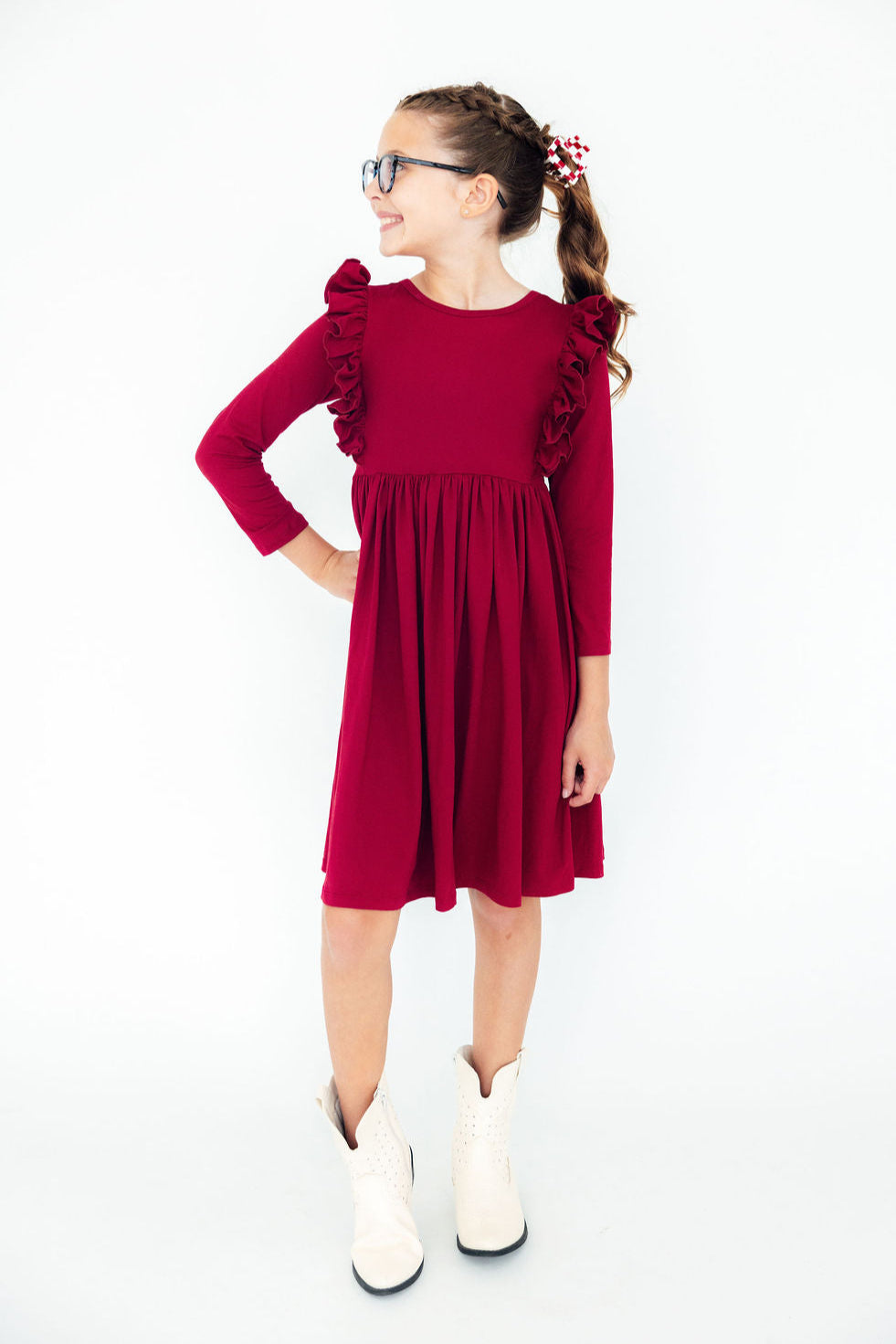 Burgundy L/S Ruffle Twirl Dress - Mila & Rose ®