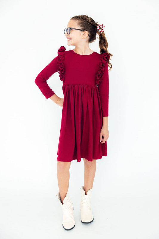 Burgundy L/S Ruffle Twirl Dress - Mila & Rose ®