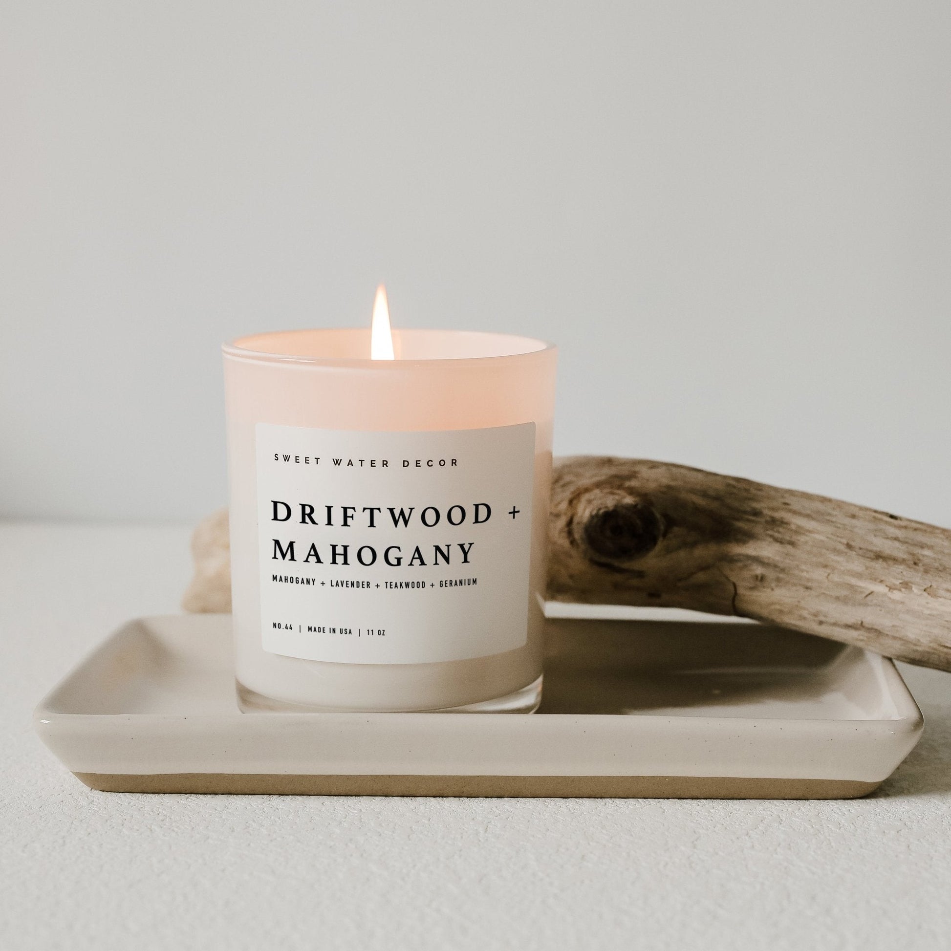 Driftwood and Mahogany Soy Candle - White Jar - 11 oz - Sweet Water Decor