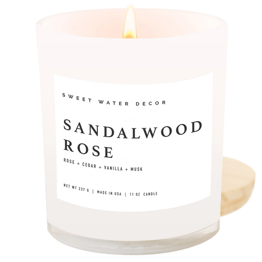 Bougie de soja au bois de santal et à la rose - Pot blanc - 11 oz