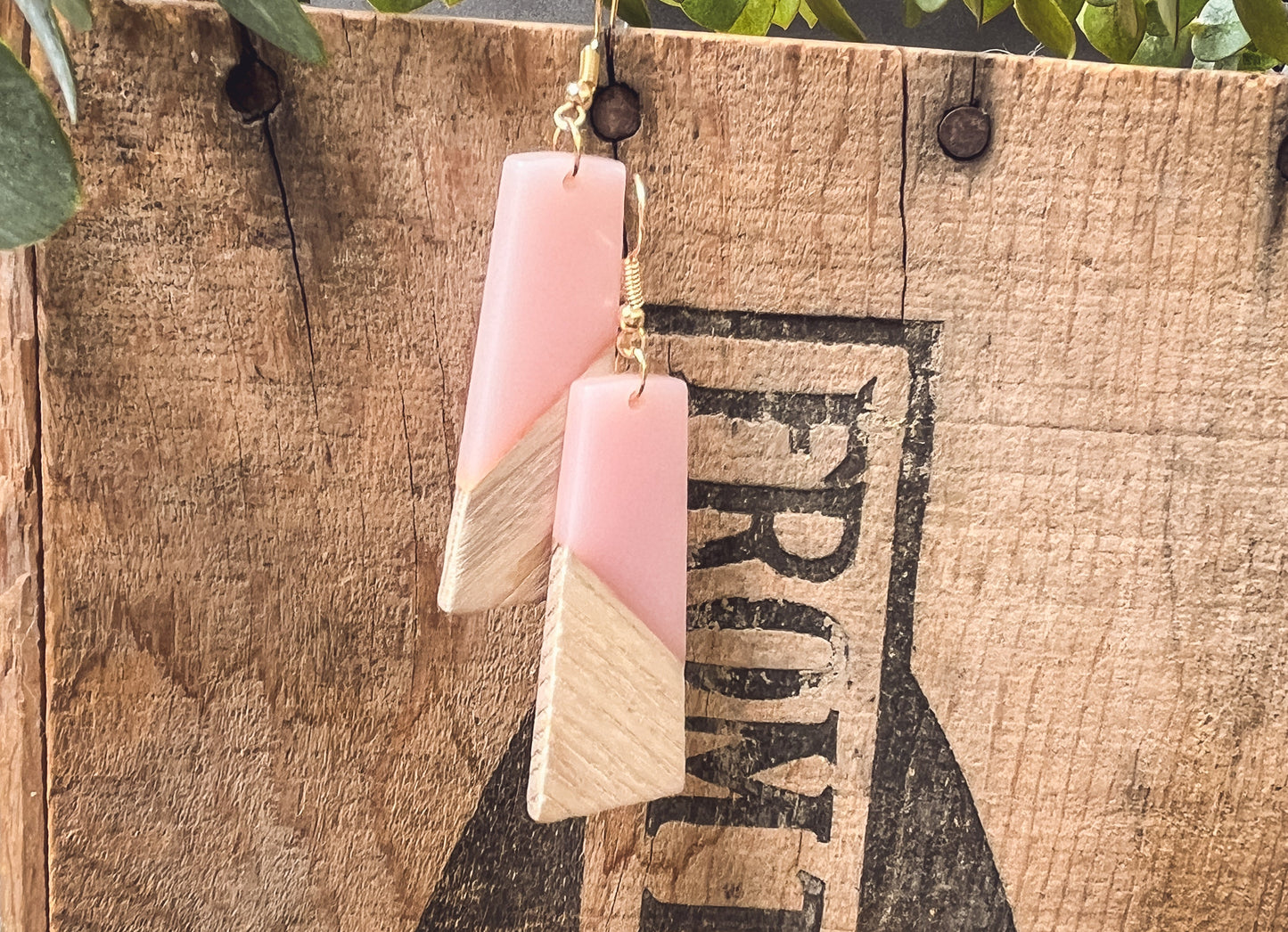 Beautiful Pink Resin and Wood Earrings