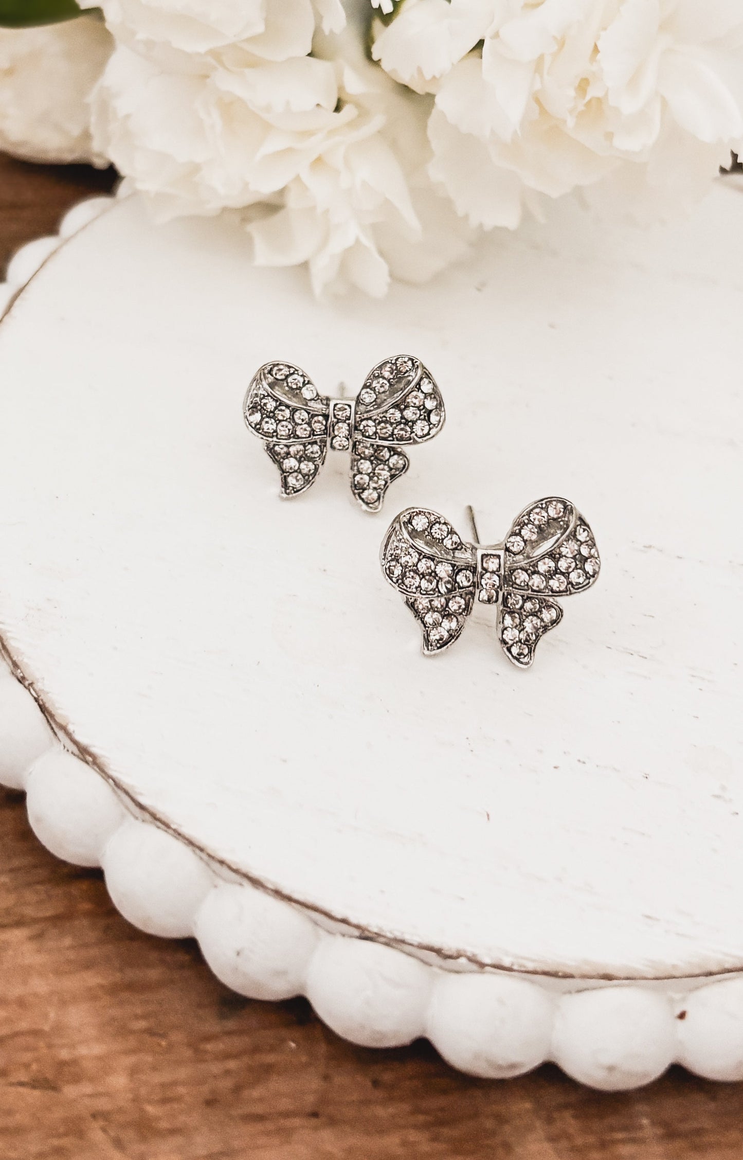 Adorable Silver Rhinestone Bow Earrings