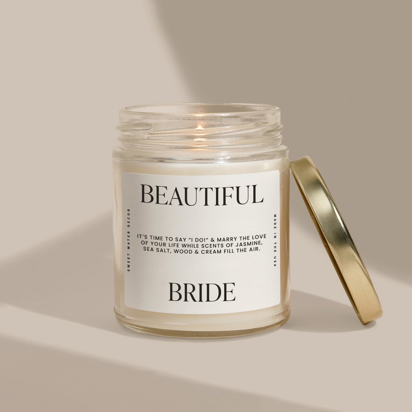 Vela de soja con texto en inglés "Beautiful Bride" (hermosa novia), etiqueta con cita grande, 9 oz 