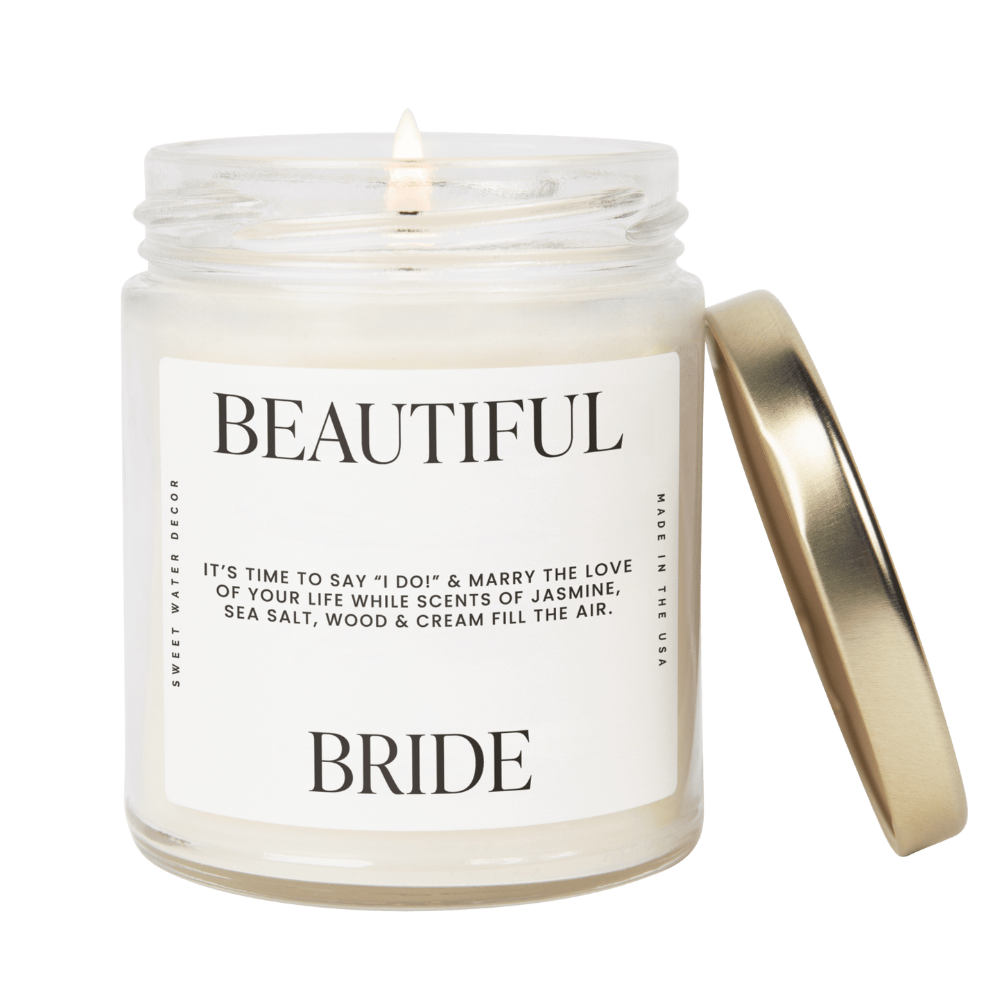 Vela de soja con texto en inglés "Beautiful Bride" (hermosa novia), etiqueta con cita grande, 9 oz 