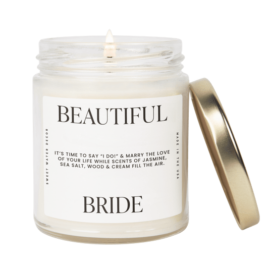 Vela de soja con texto en inglés "Beautiful Bride" (hermosa novia), etiqueta con cita grande, 9 oz 