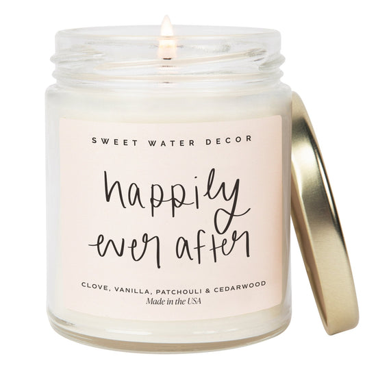 Vela de soja Happily Ever After, frasco transparente, 9 oz (pachulí de palo santo)