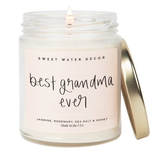 Bougie de soja Best Grandma Ever - Pot transparent - 9 oz (fleurs sauvages et sel) 