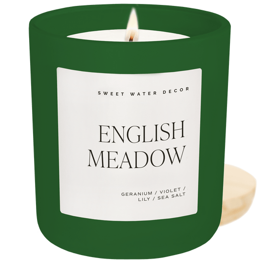 Bougie de soja English Meadow - Pot vert mat - 15 oz (fleurs sauvages et sel)