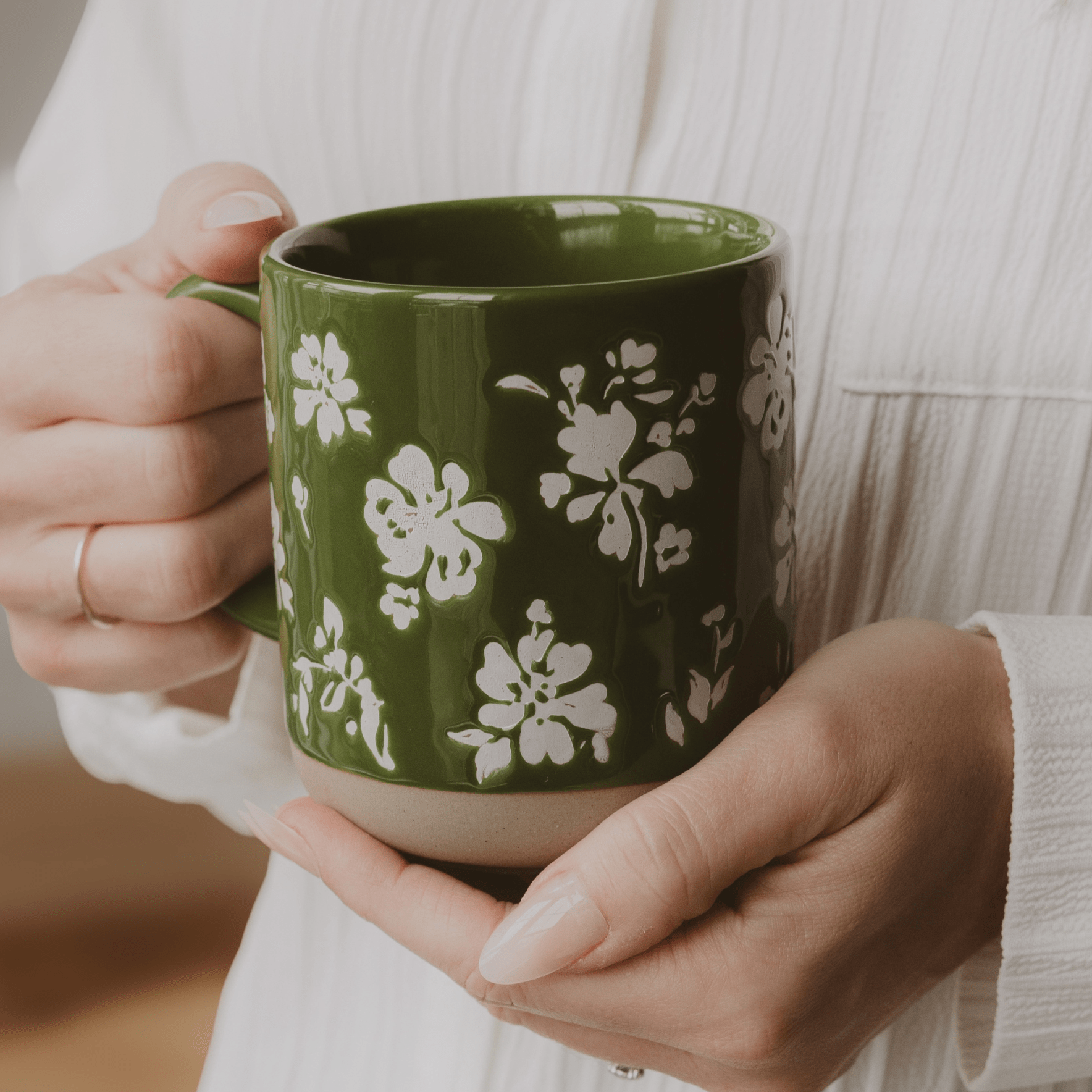 Green Floral 14oz. Stoneware Coffee Mug - Sweet Water Decor