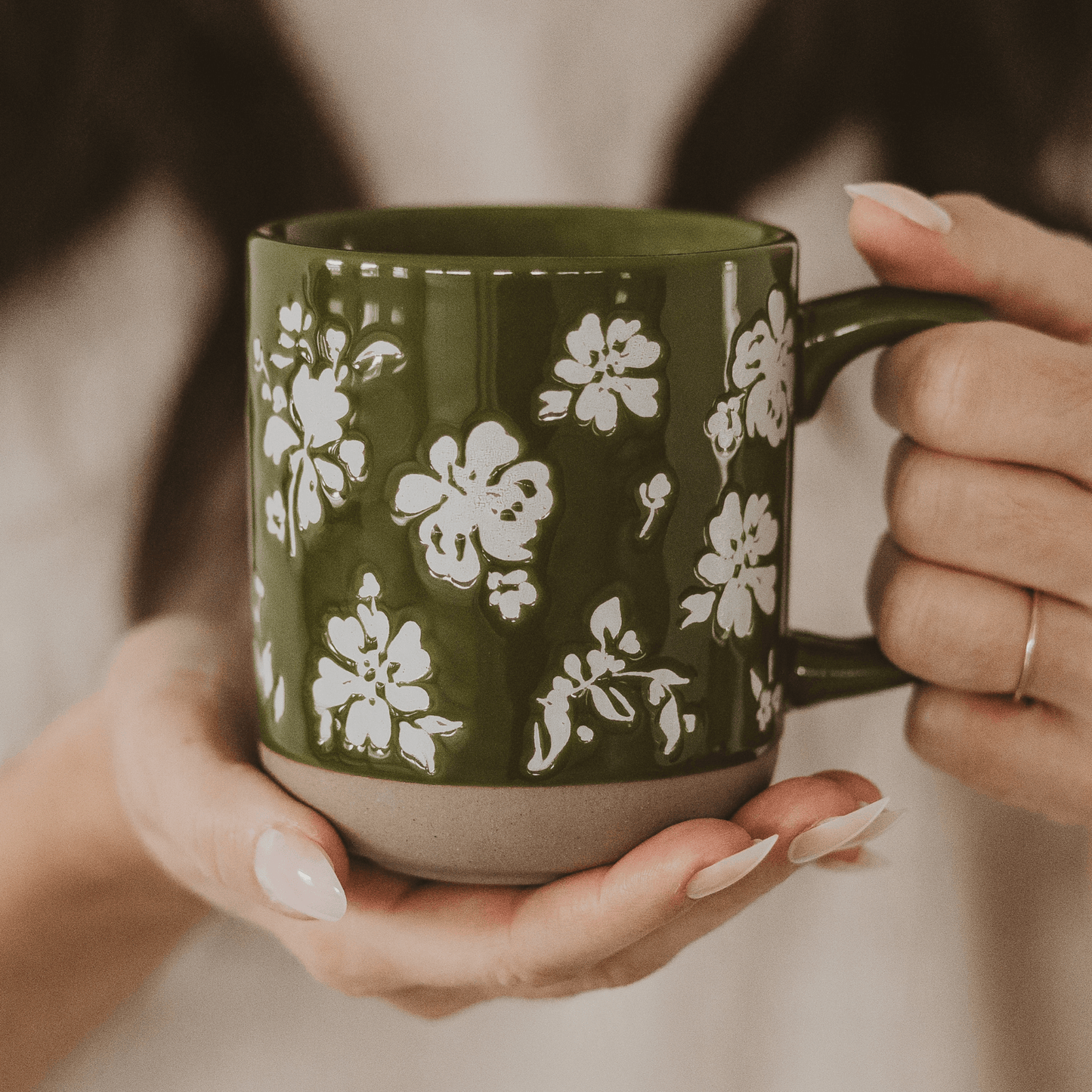 Green Floral 14oz. Stoneware Coffee Mug - Sweet Water Decor