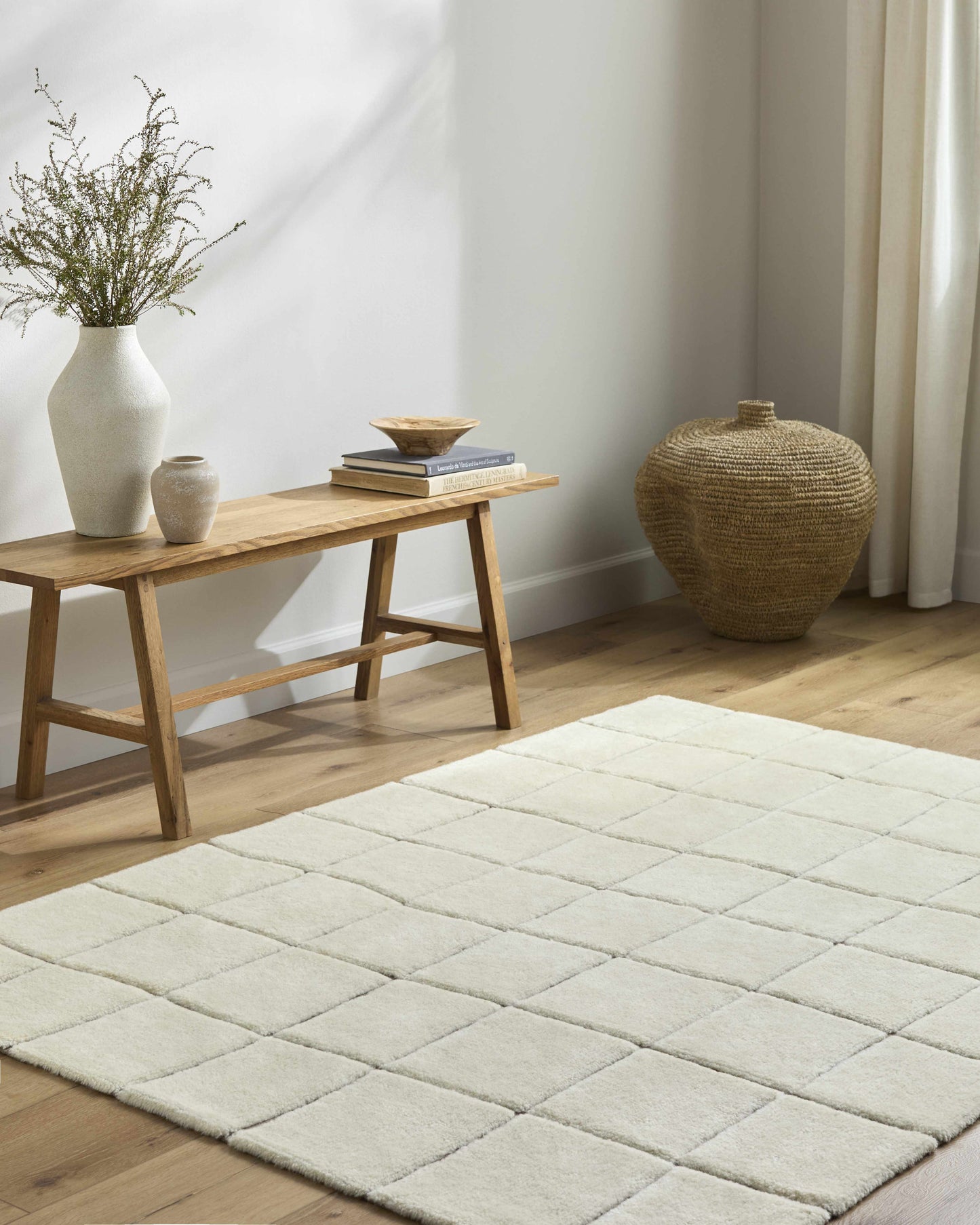 Ivory Check Washable Wool Blend Area Rug - Boutique Rugs