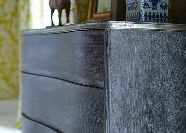 Dark gray Sterling Silver Leaf dresser with silver-toned trim