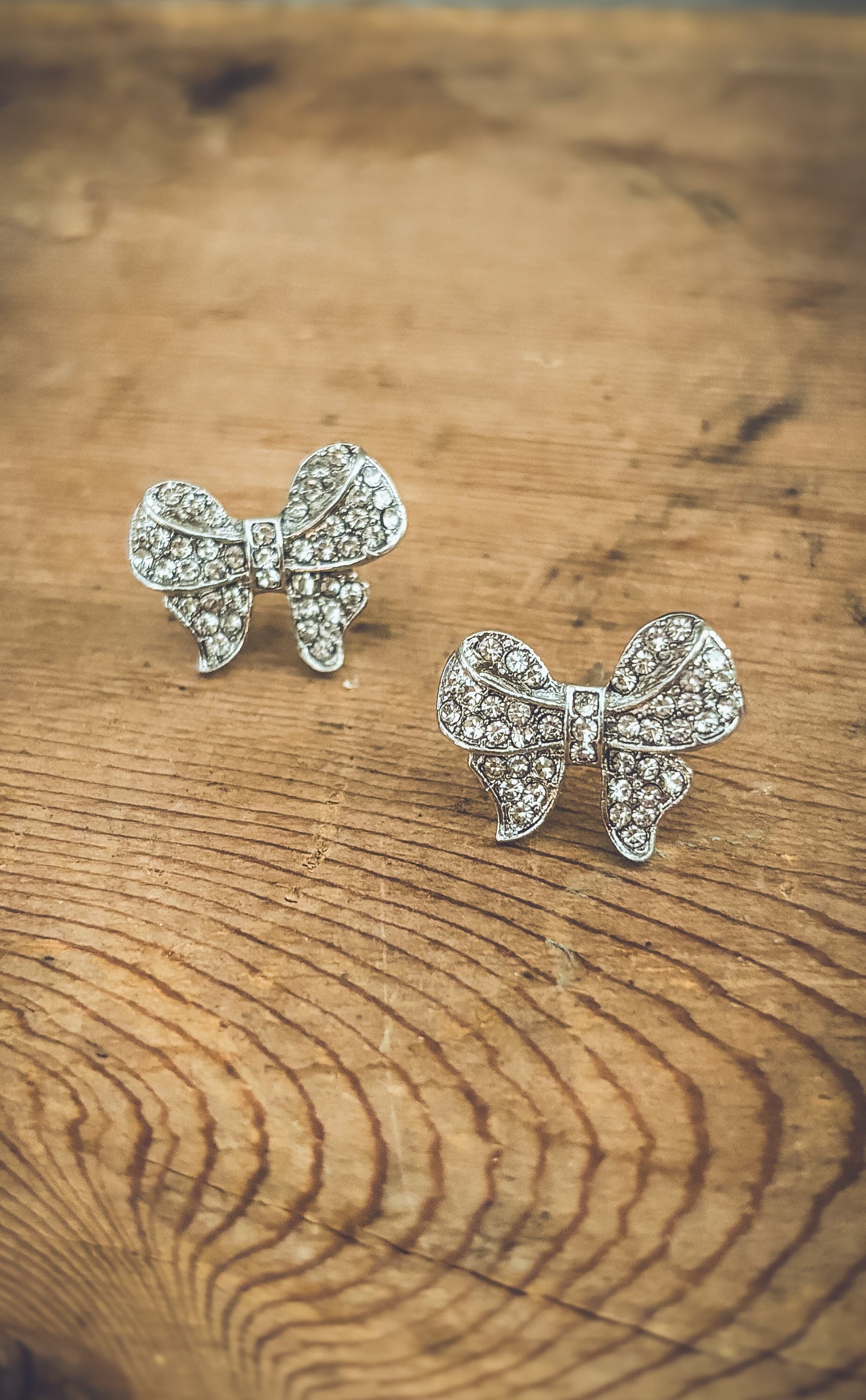 Adorable Silver Rhinestone Bow Earrings