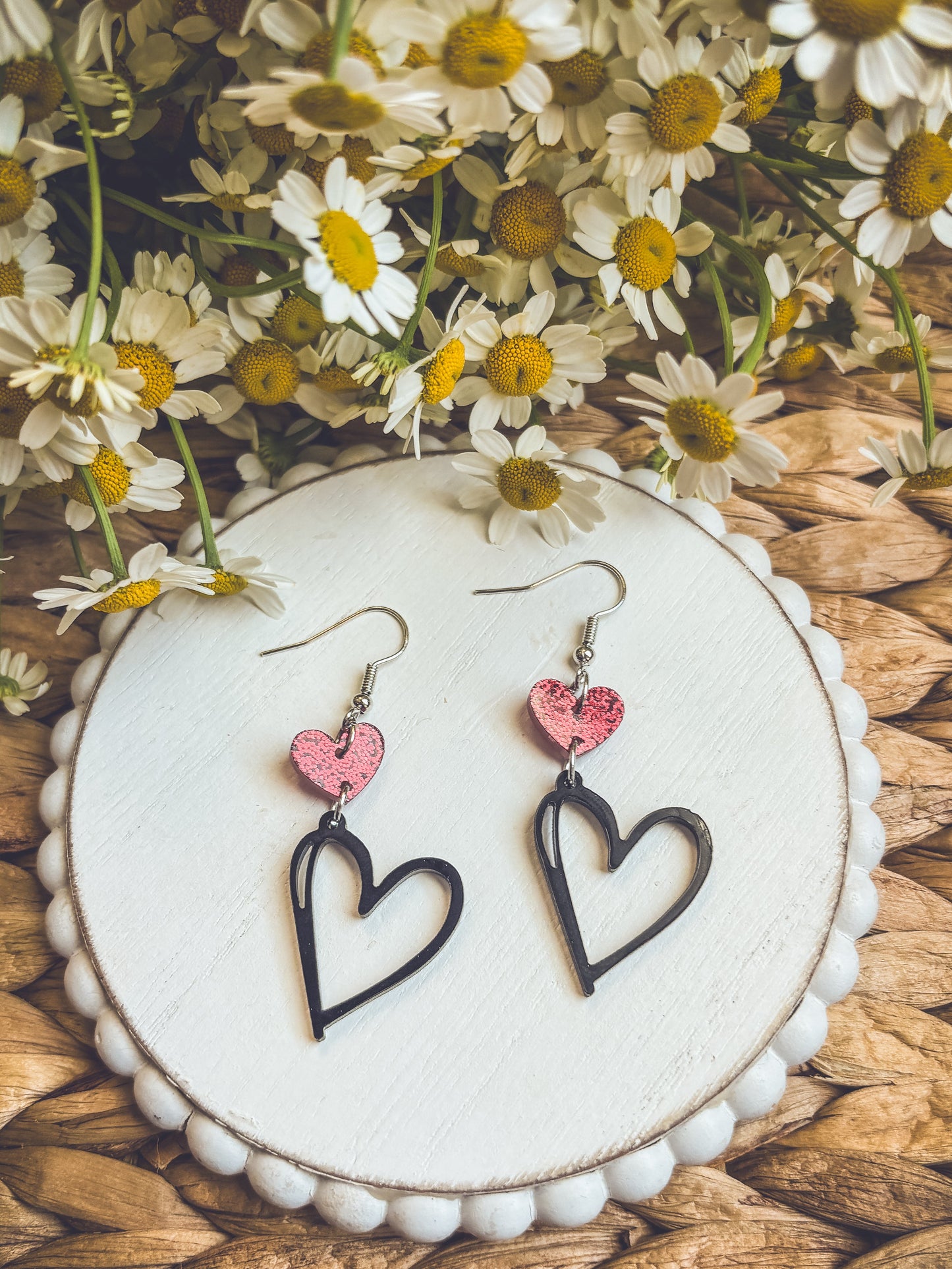 Adorable Black and Red Heart Drop Earrings