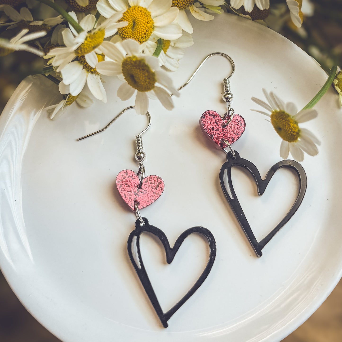 Adorable Black and Red Heart Drop Earrings