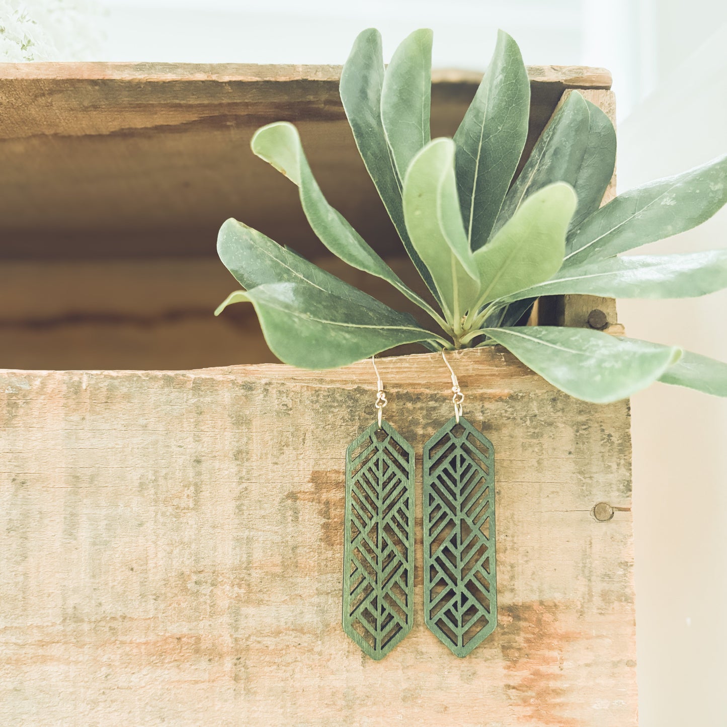 Hermosos aretes de madera verde cortados con láser