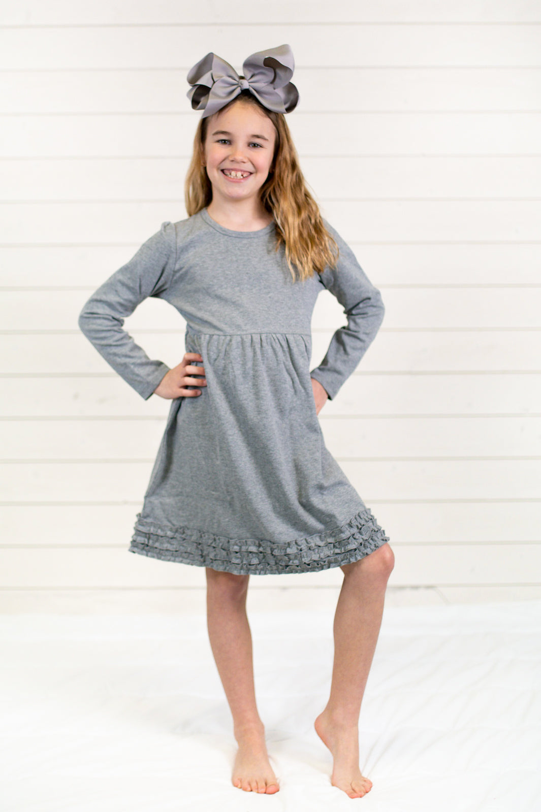 Girl’s Long Sleeve Ruffle Empire Waist Dress (Youth) - Grey / 6 - ARB Blanks