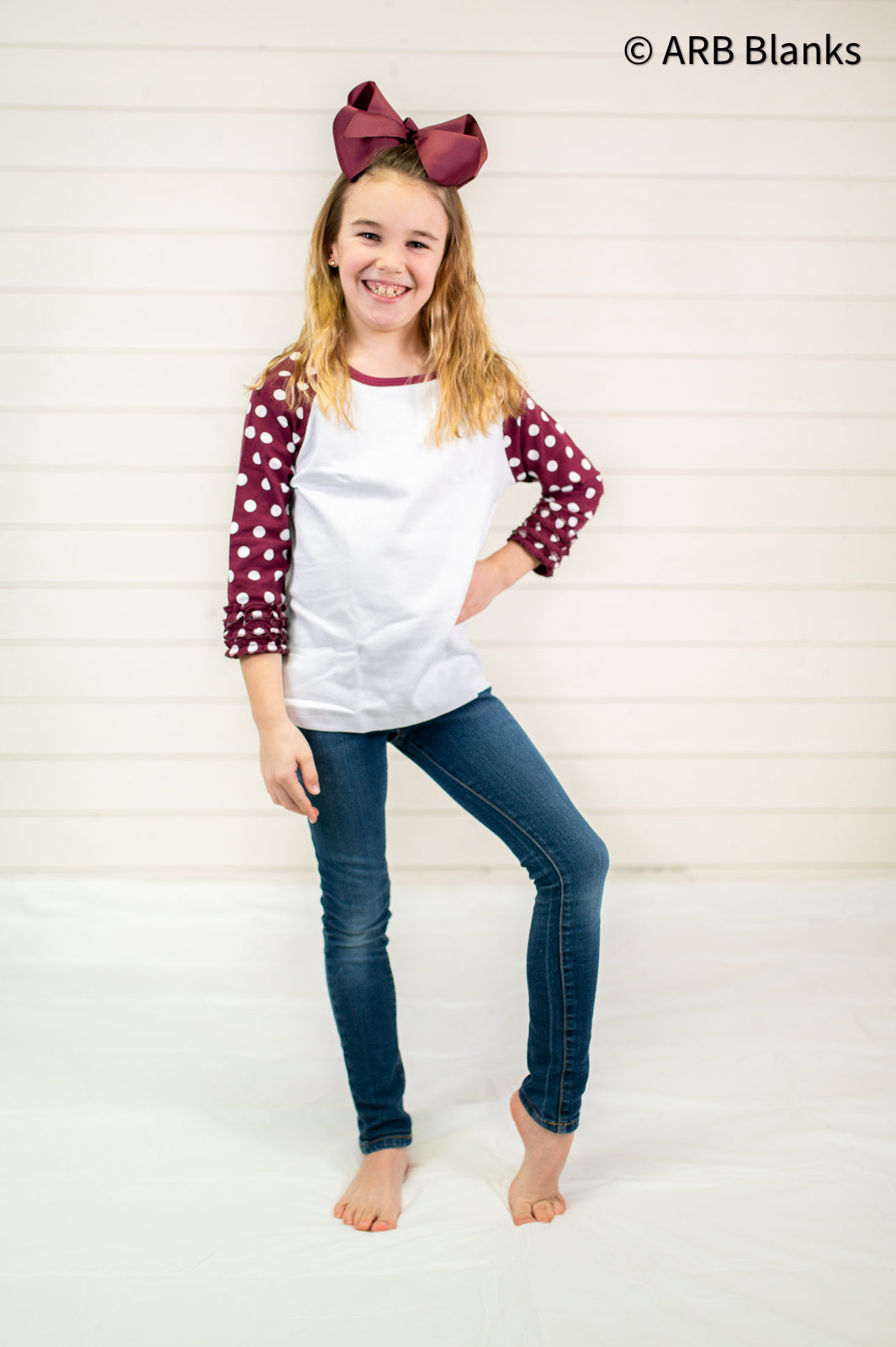 Girl’s Polka Dot Triple Ruffle Raglans - Maroon & White / 12M - ARB Blanks