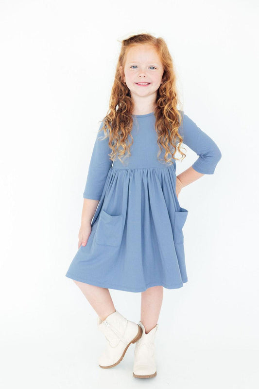 Dusty Blue 3/4 Sleeve Pocket Twirl Dress - Mila & Rose ®