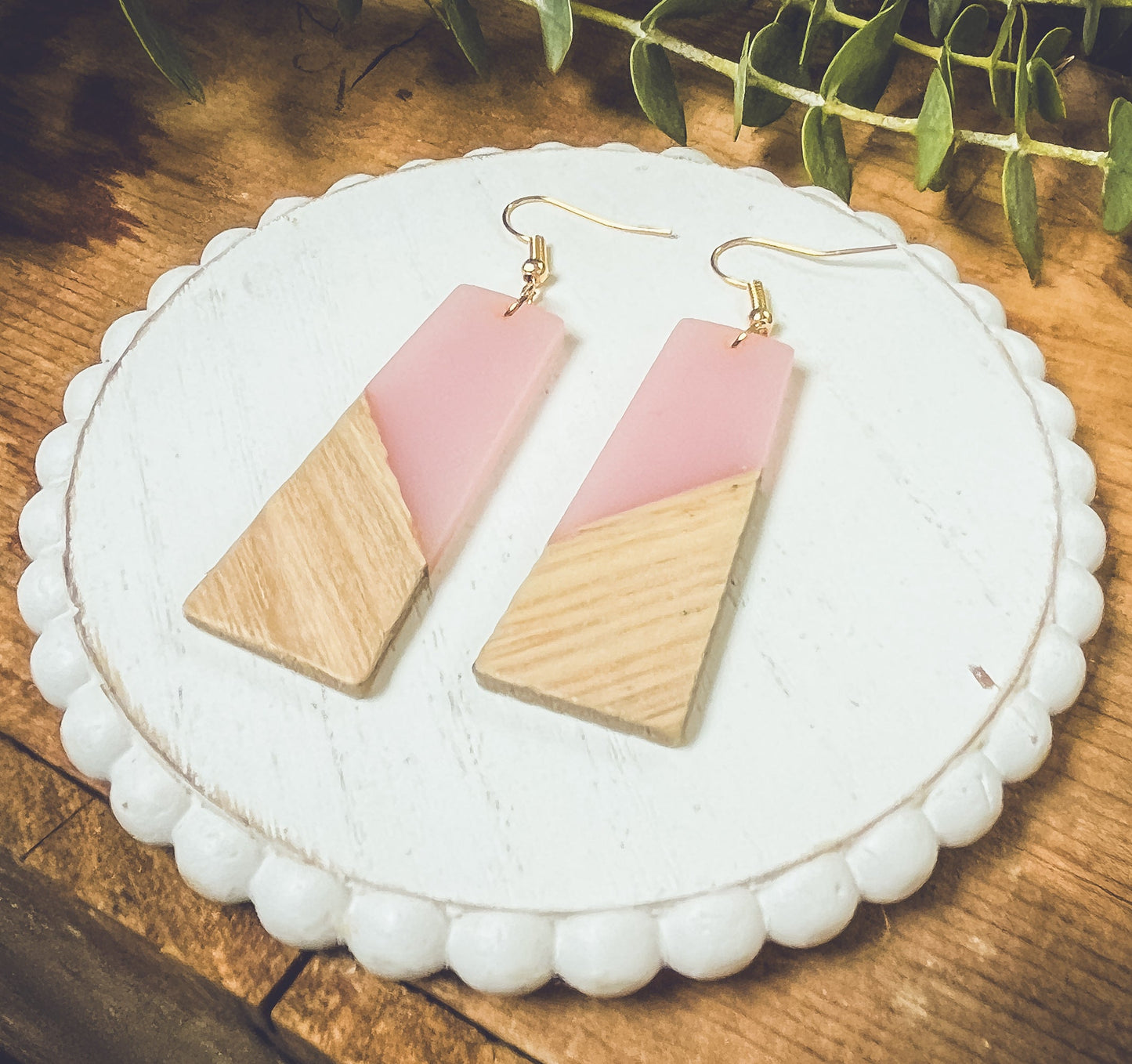 Beautiful Pink Resin and Wood Earrings