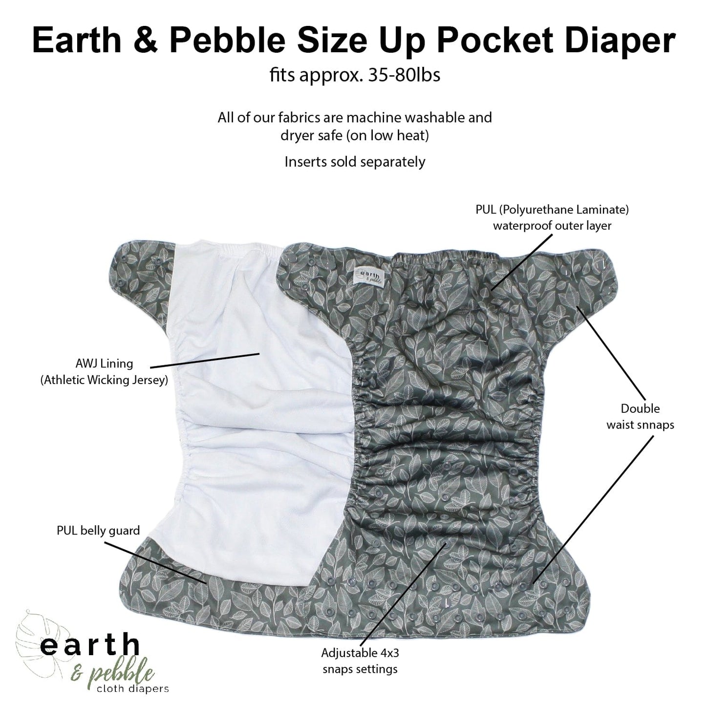 Earth & Pebble Size Up Pocket Diaper - Serenity Collection