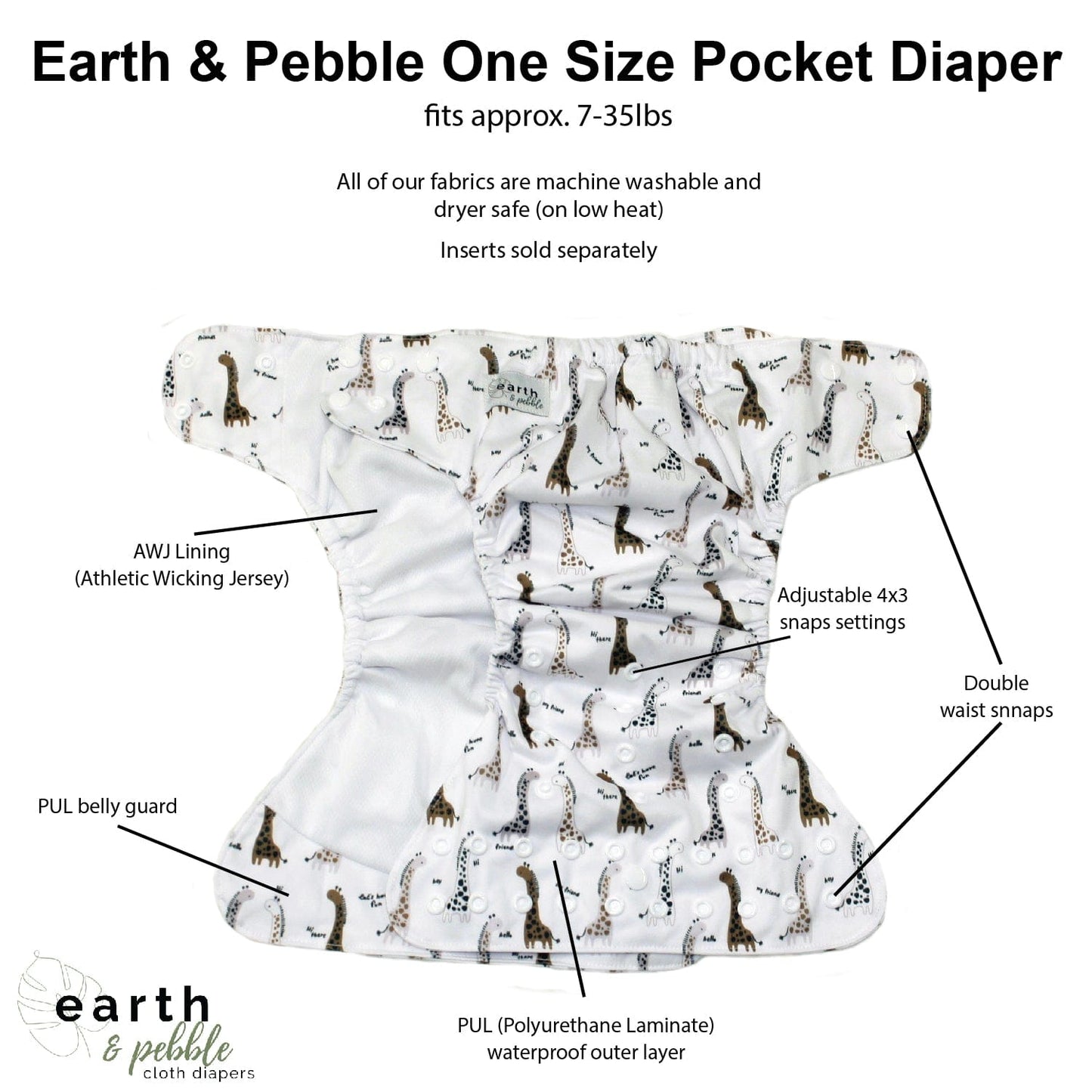 Earth & Pebble One Size Pocket Diaper - Rustic Fern Collection