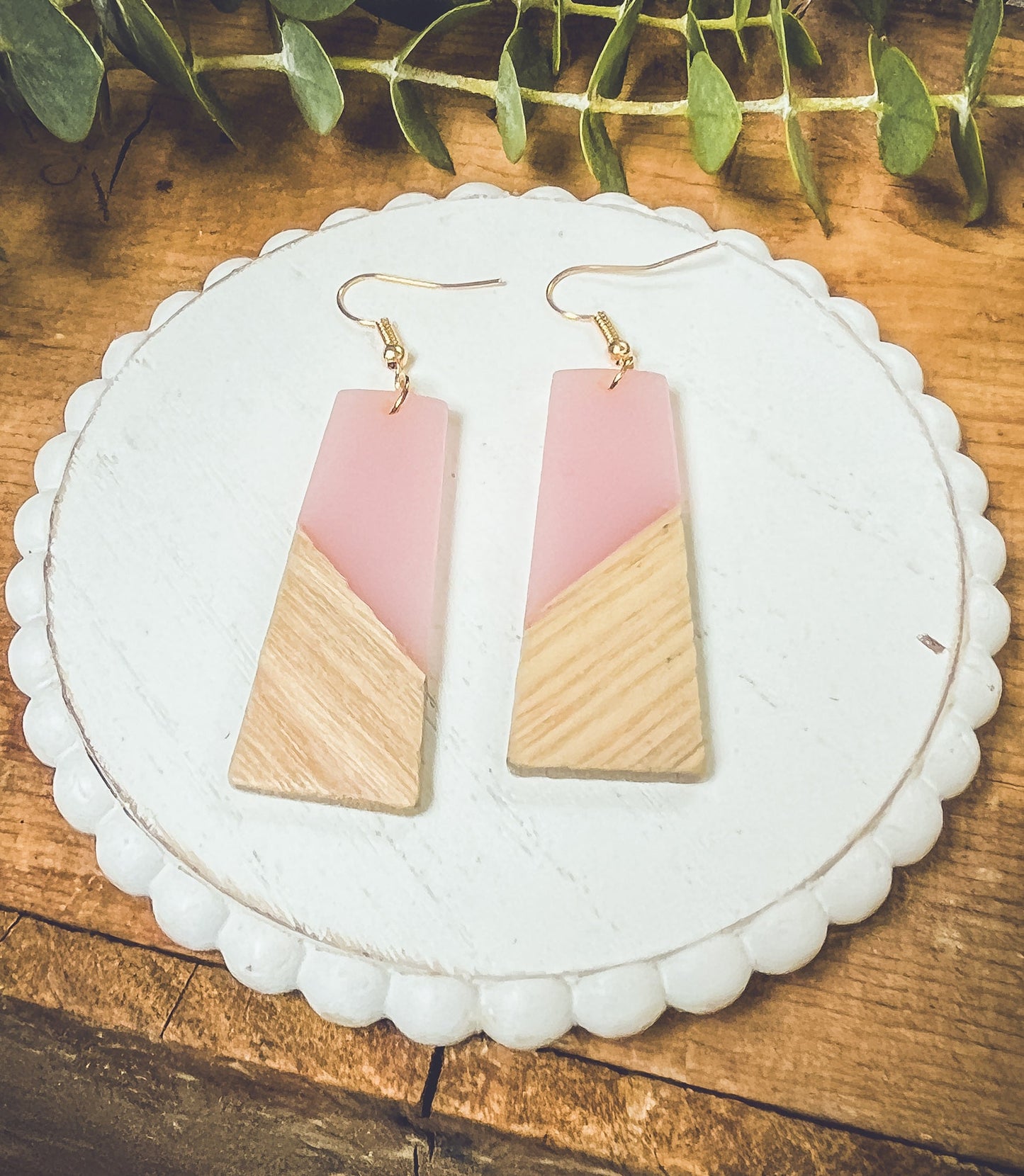 Beautiful Pink Resin and Wood Earrings