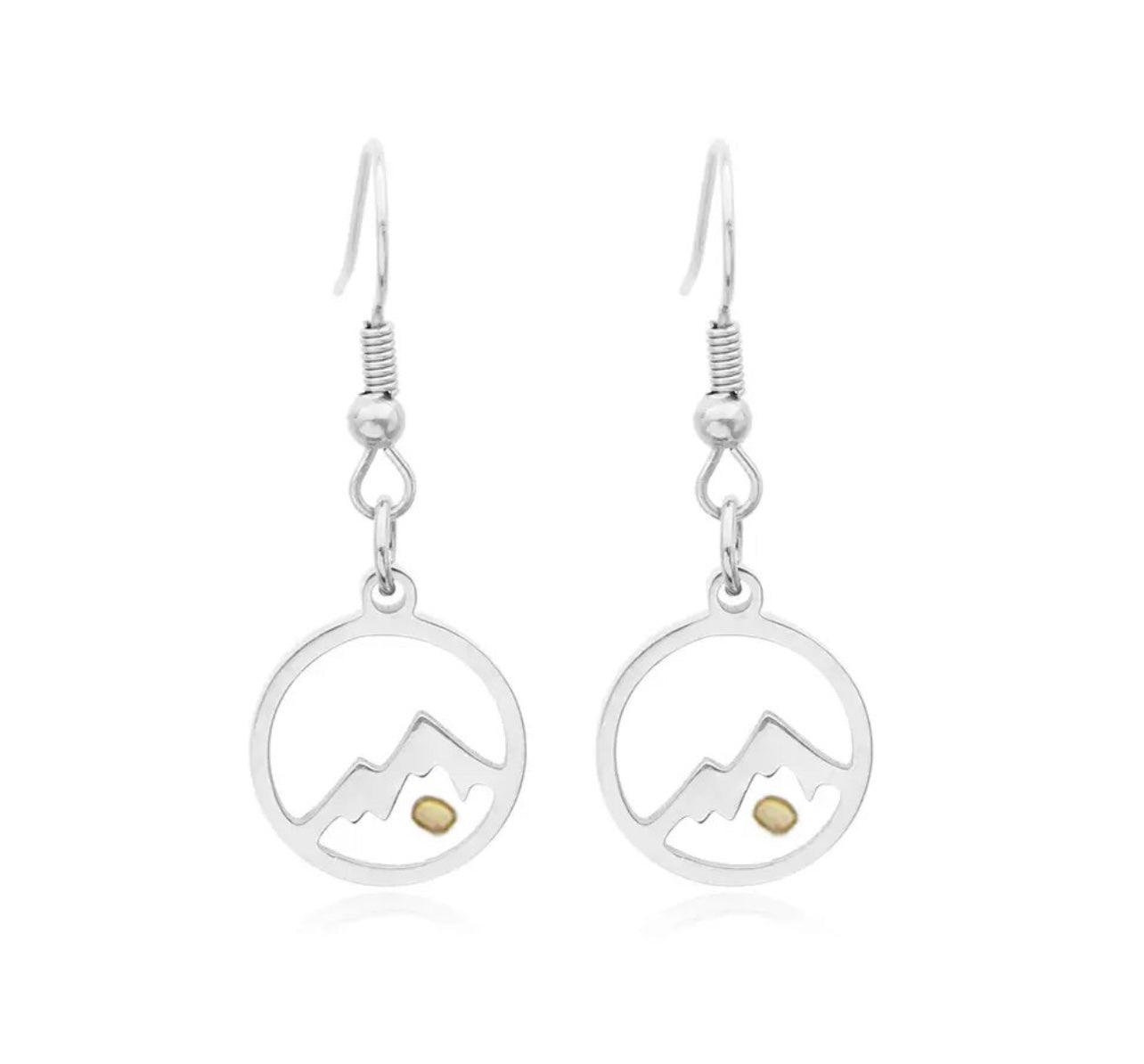 Belles boucles d'oreilles Foi en or ou en argent avec des montagnes et des graines de moutarde