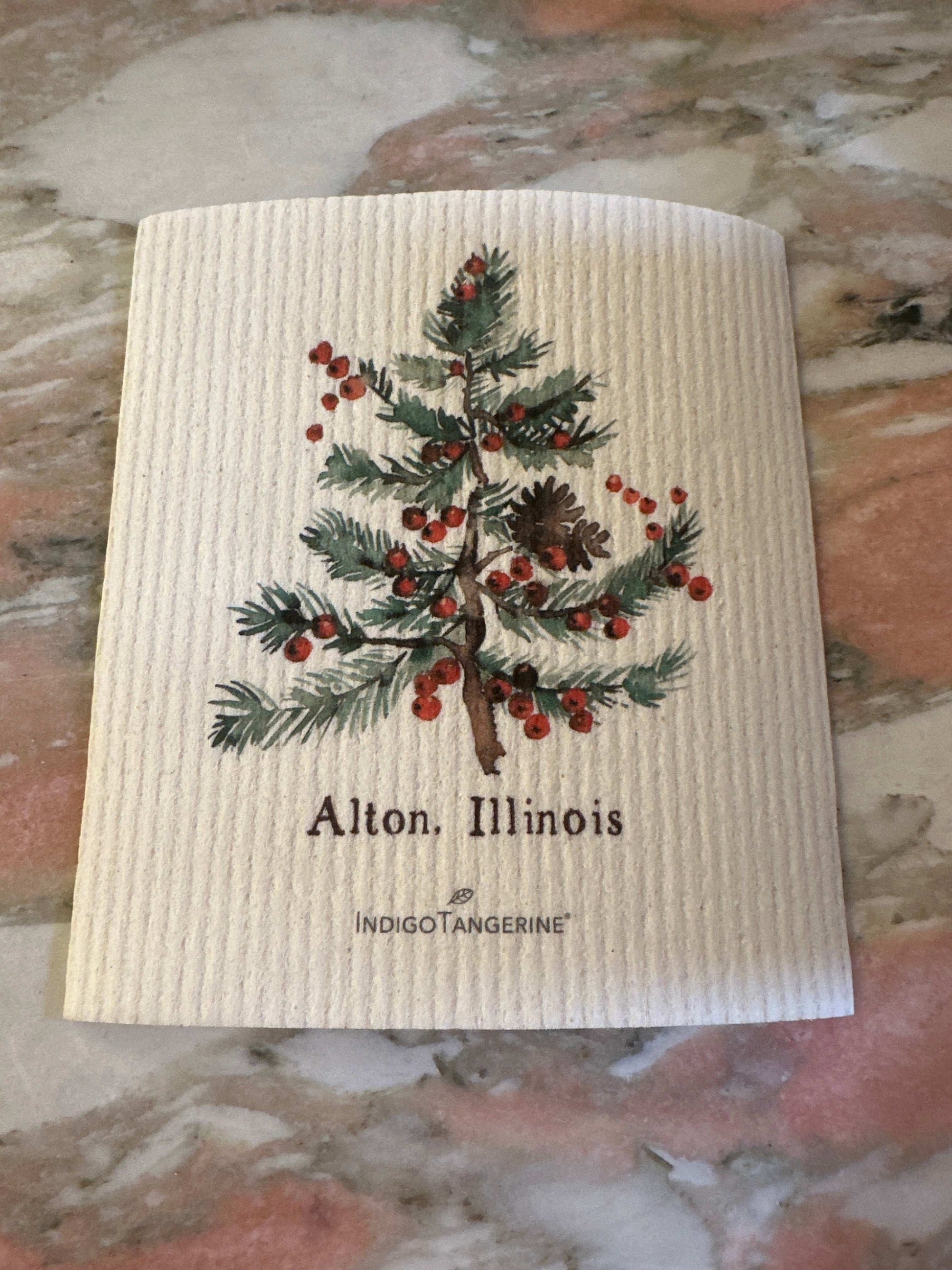 Swedish Dish Cloth - Holiday Tree and Berries - Alton Illinois - Indigo Tangerine