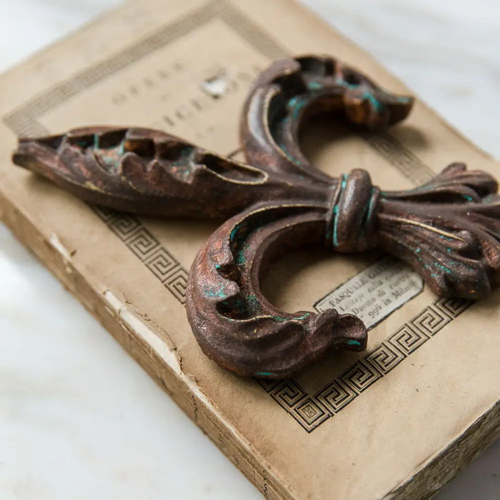 Antique bronze fleur-de-lis with verdigris patina for pigment powder noir