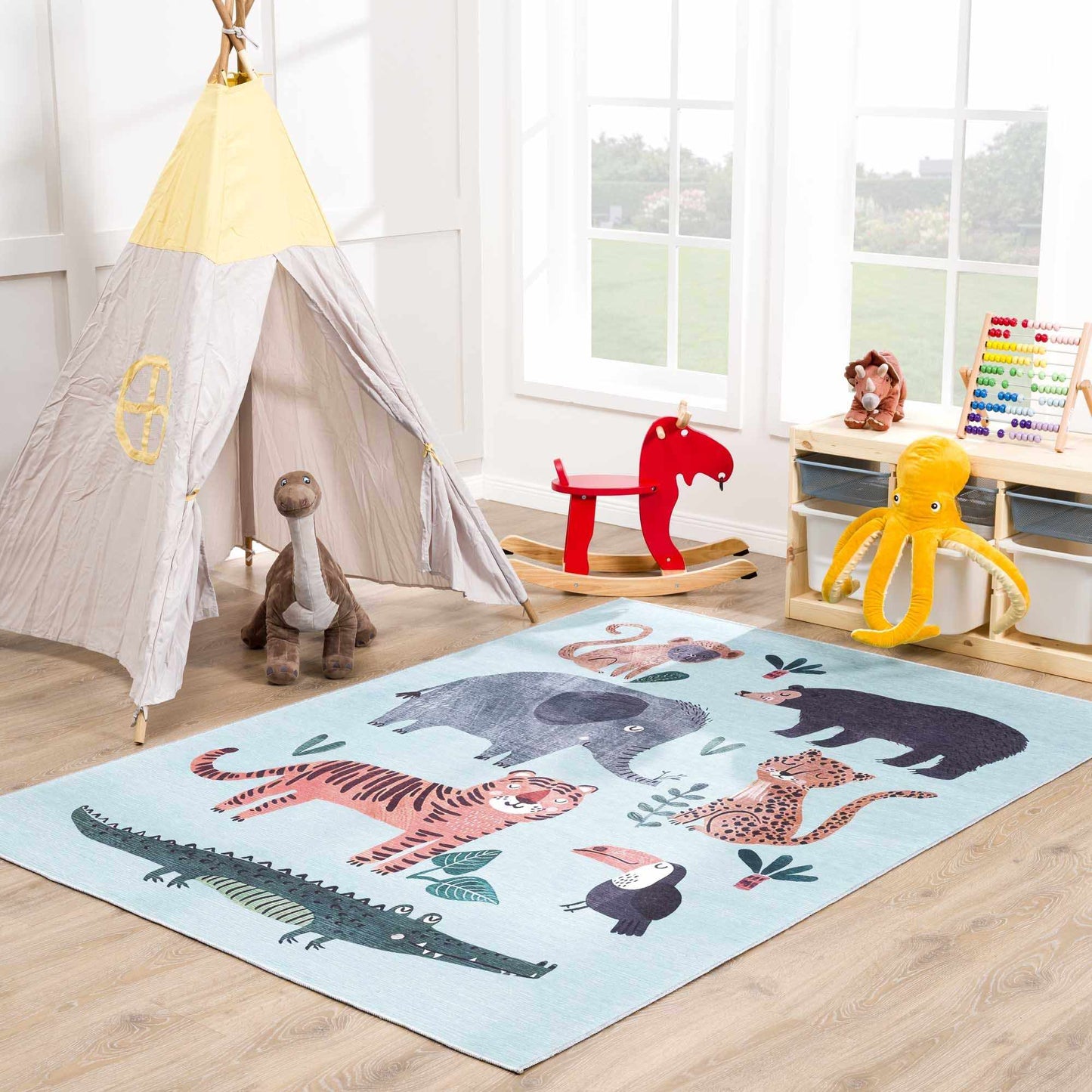 Alfombra lavable para niños con estampado animal Petey Blue