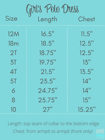 Light blue sizing chart for girls sleeve polo dress with pique double needle gauge neckline
