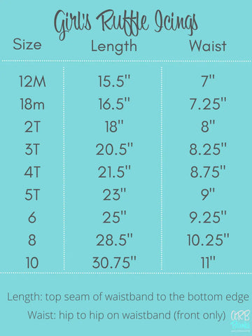 Girls pin striped ruffle girdle size chart with waist length on teal background