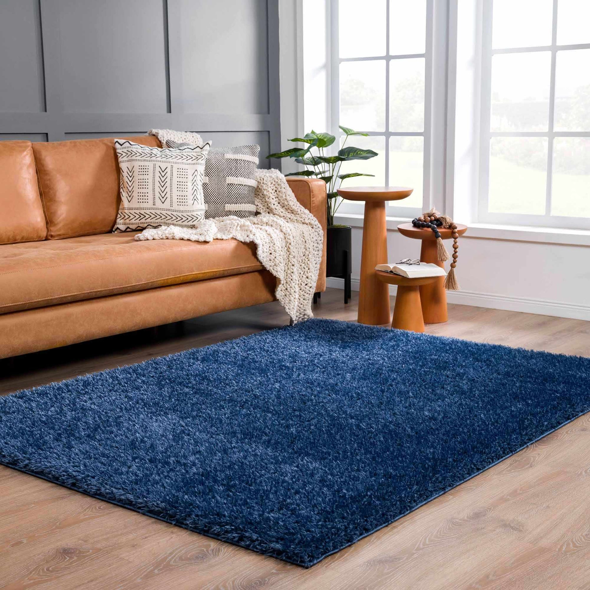 Faina Solid Dark Blue Shag Rug Washable - Boutique Rugs