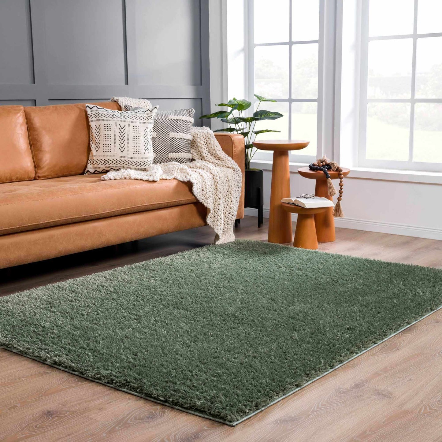 Faina Solid Green Shag Rug Washable - Boutique Rugs