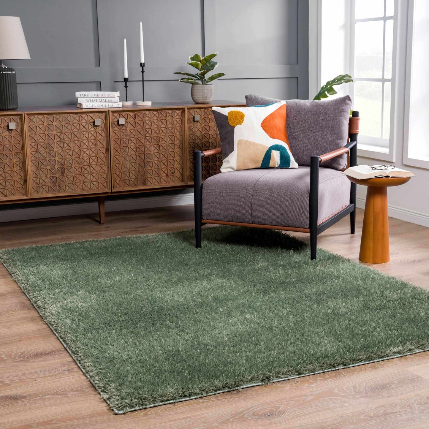 Faina Solid Green Shag Rug Washable - Boutique Rugs
