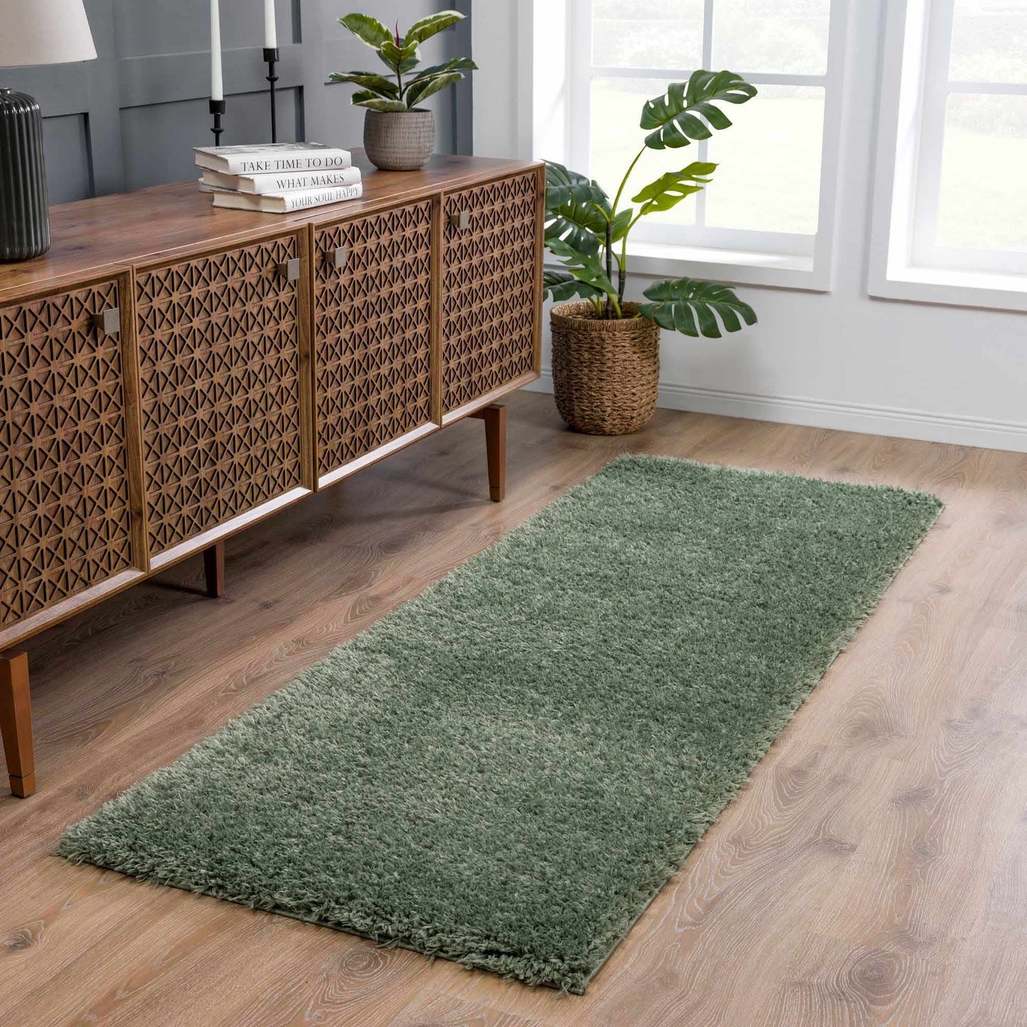 Faina Solid Green Shag Rug Washable - Boutique Rugs