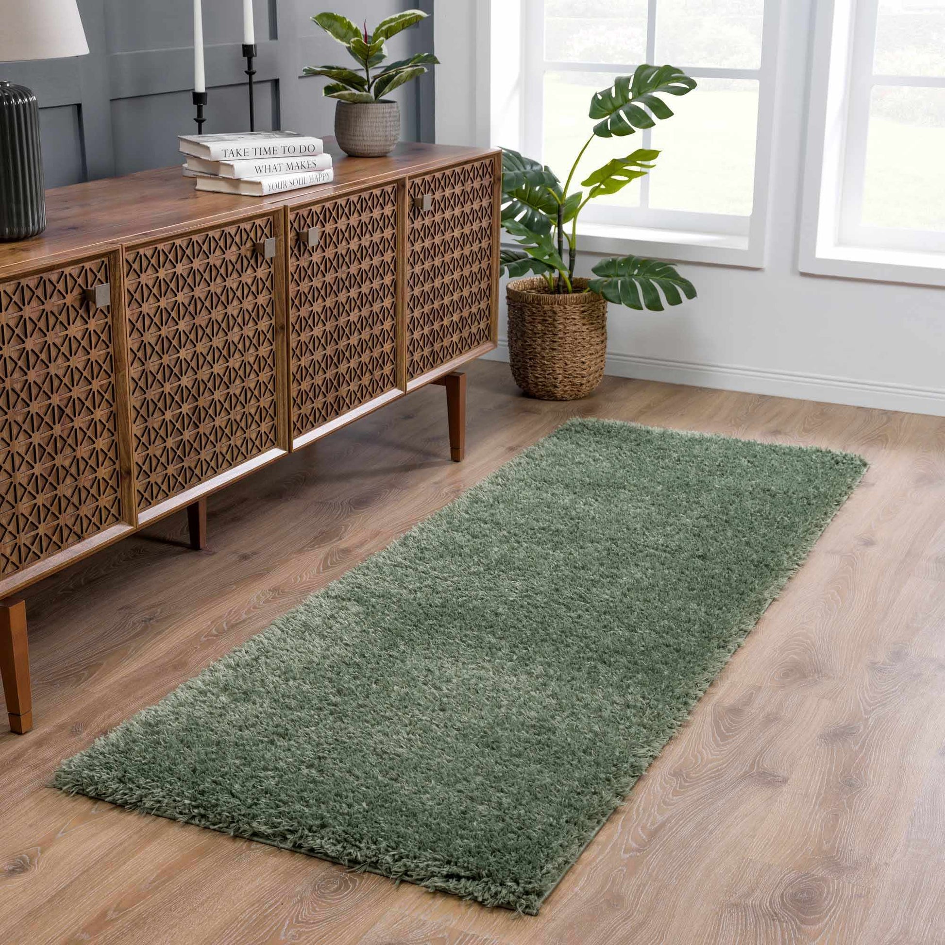 Faina Solid Green Shag Rug Washable - Boutique Rugs